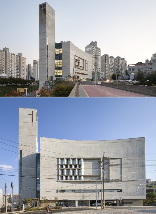 Эффектная церковь Erum Church расположена на крутой стороне улицы в оживленном районе Суджи-гу (Йонгин, Южная Корея).