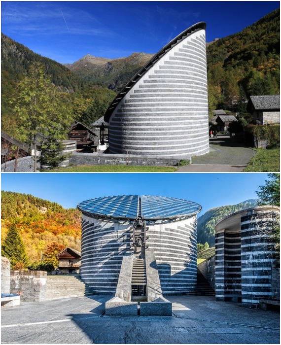 Новая церковь Святого Иоанна Крестителя сложена из натурального камня разного цвета и фактуры (Миньо, Швейцария).