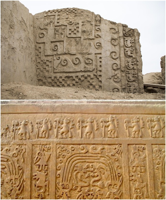 Все стены города украшены узорами, которые могли рассказать о верованиях, родовых символах власти, культуре и т. д. (Chan Chan, Перу).