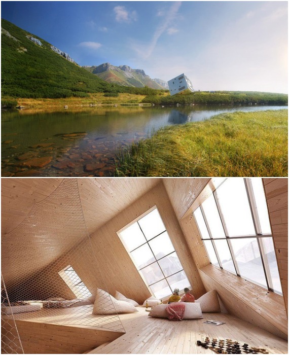 Эстетика дизайна экстерьера отражена и в дизайне интерьера (Cuboidal Mountain Hut, Словакия).