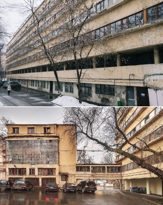 Дешевые строительные материалы очень быстро начали терять привлекательность и целостность, что привело к обветшанию жилого комплекса (Дома Наркомфина, Москва). 