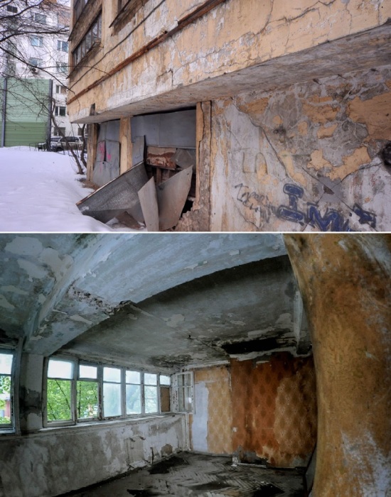 Три десятка лет что фасад, что интерьеры были в удручающем состоянии (Дома Наркомфина, Москва).