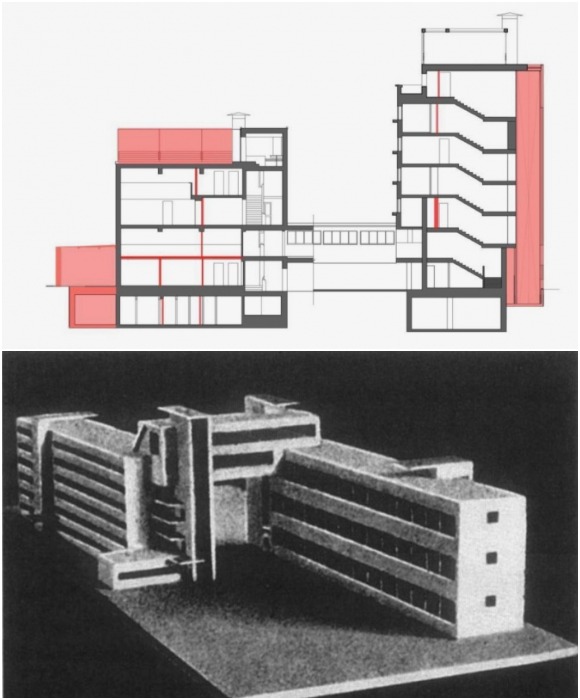 Проект и макет Дома Наркомфина, ставшего громким ответом советских архитекторов на международную направленность в сторону экономии и упрощения жилого пространства в процессе урбанизации. 