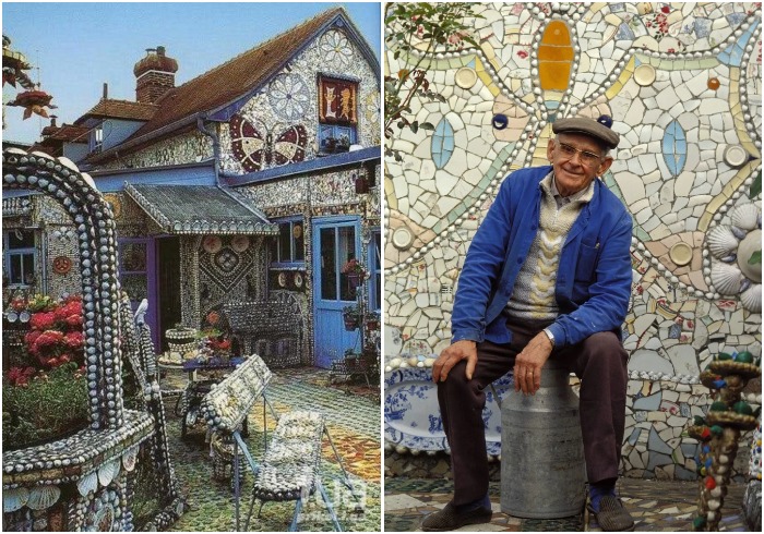 Роберт Вассер превратил свой дом и сад в мозаичную композицию, используя лишь битую посуду и осколки стекла (La Maison Cassée Vaisselle, Франция).