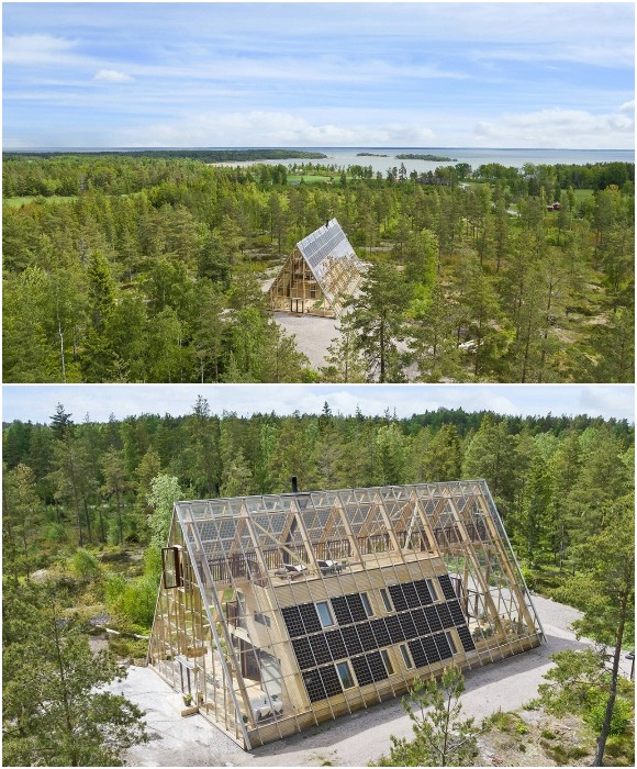 Дом-теплица Atri гармонично вписался в лесистый ландшафт острова Венерн (Швеция).