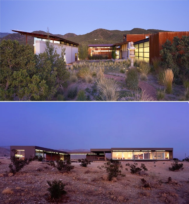 Пустынный минимализм в деревенском стиле идеально сочетается с окружающей средой (Санта-Фе, штат Нью-Мексико). 
