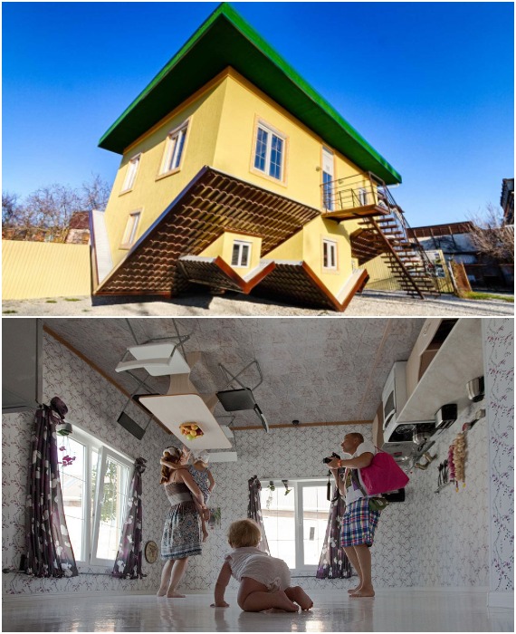 В 2013 году в Кабардинке появился причудливый дом, в котором перевернут вверх дном не только фасад, в нем мебель прибита к потолку (Геленджик, Краснодарский край).