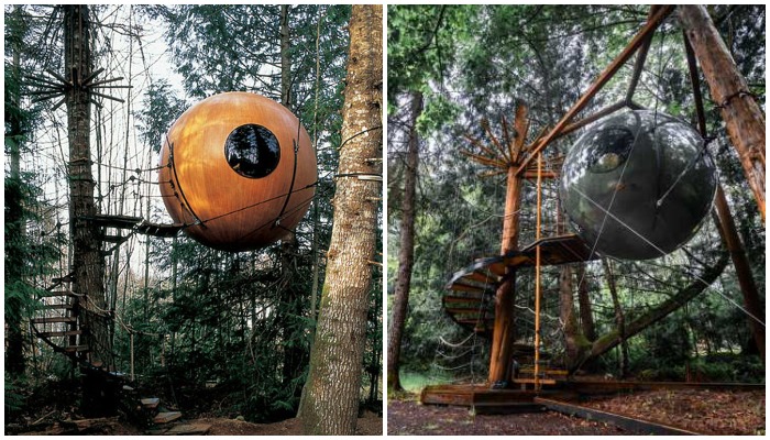 Отельные номера в виде домиков на деревьях являются произведением искусства, хотя все они функциональны, оформлены со вкусом, просты и элегантны (Free Spirit Spheres, Канада). 