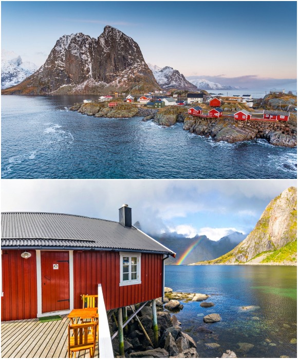 Постояльцев эко-курорта Eliassen Rorbuer ждет восхитительный пейзаж с крутыми горными склонами, поднимающимися на 1200 метров, бескрайнее синее море, скалистый Рейнефьорд и масса приключений (о. Хамней, Норвегия).