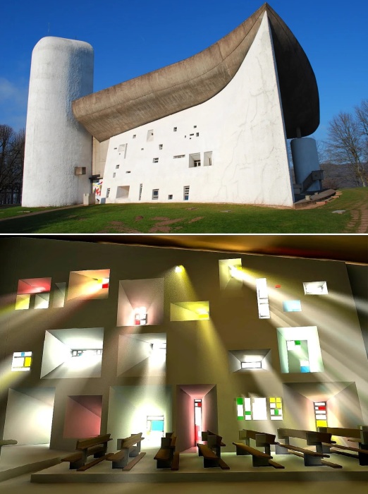 Часовня в Роншаме – пример синтеза сразу нескольких направлений от мастера света, культового архитектора Ле Корбюзье (Нотр-Дам де Септембр).