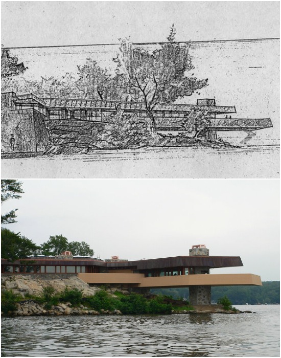 Проект, который удалось реализовать ученику Фрэнка Ллойда Райта Томасу Хейнцу спустя полвека (Дом над озером Махопак, в 1995-2005 гг.). 