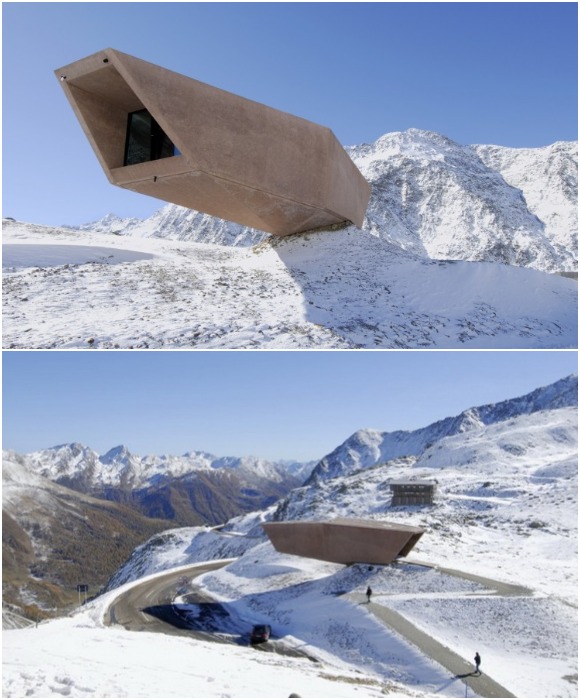 Яркая креативная конструкция здания, застывшая на вершине холма, поражает своим динамизмом (Experience Pass Museum de Werner Tscholl, Альпы). 