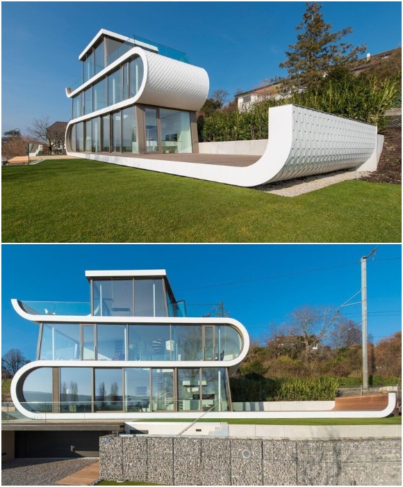 Ленточный дом из бетона и стекла на берегу Цюрихского озера выглядит очень эффектно и органично (Flexhouse, Швейцария).
