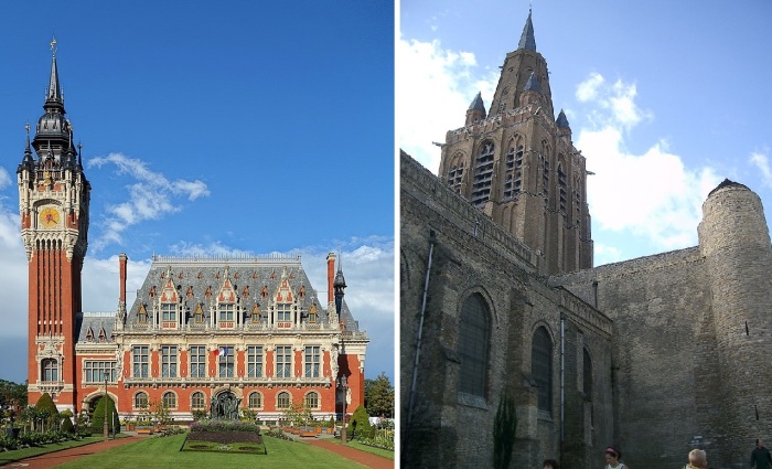 Здание ратуши и самая впечатляющая церковь города (Кале, Франция).