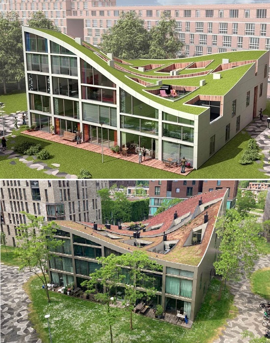 В бывшей промзоне Амстердама в рамках реновации появился причудливый жилой дом с «зеленой» крышей (Funen Blоk K, Нидерланды).