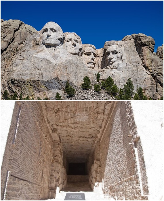 За скульптурными портретами четырех президентов США спрятан Зал хроник (Рашмор, Южная Дакота).