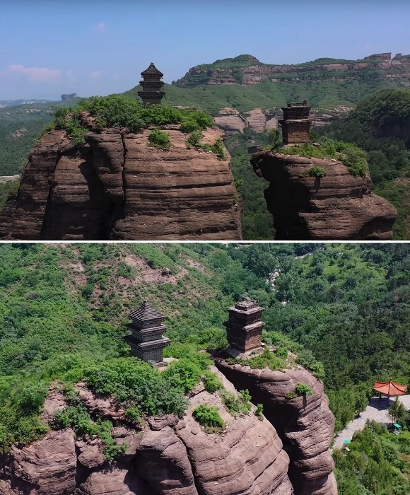Живописный ландшафт и загадочные храмы на вершине непреступной скалы Шуангта привлекают огромное количество туристов (курорт Чэндэ, Китай).