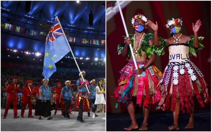 Эффектное появление спортсменов Тувалу на открытии летних Олимпийских игр 2008 г. и 2021 г.