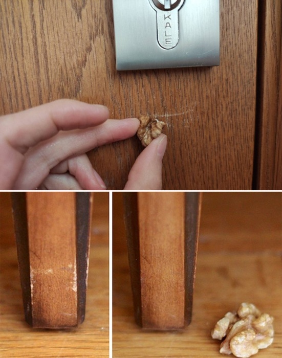 Ядро грецкого ореха поможет замаскировать мелкие потертости на мебели, дверях и ламинате.