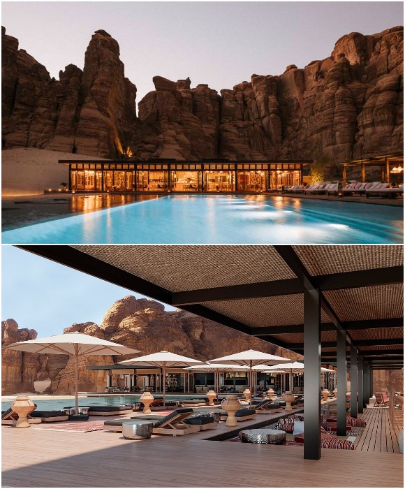 Развлекательный комплекс вокруг бассейна удовлетворит любые вкусы и пристрастия (Habitas AlUla, Саудовская Аравия).