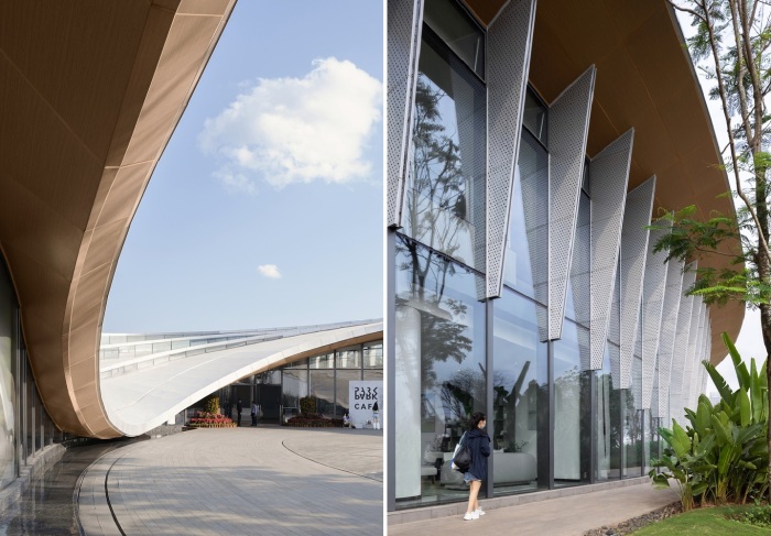Нависающая крыша и перфорированные панели-жалюзи обеспечат затенение в самую жаркую пору дня (Haikou Xixiu Park Visitor Center, Китай).
