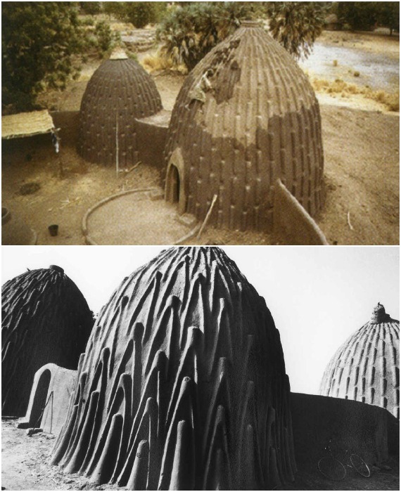 Фактура строений может отличаться друг от друга формой и направлением выпуклых деталей и канавок, которые выступают в роли водосточных желобов и ступеней для подъема к вершине (Case Obus, Камерун). 