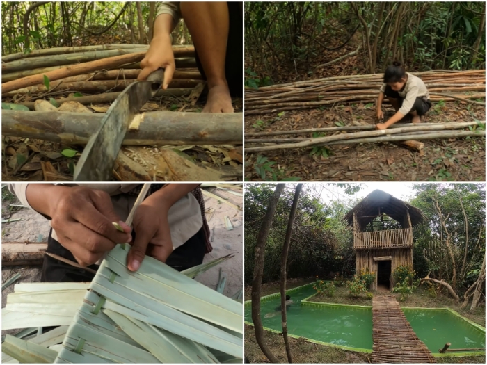 Используя лишь примитивный инструмент и природный материал, девушка построила лесной домик и бассейн вокруг него.