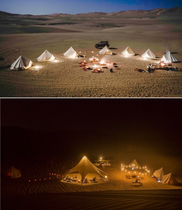 Любители вечеров у костра смело могут отправляться кемпинг, где проведут незабываемую ночь в пустыне (Glamorous Camp, Перу).