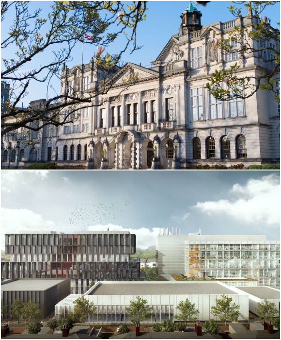 Главный корпус Кадиффского университета и визуализация нового кампуса Cardiff Innovation Campus (Великобритания). 