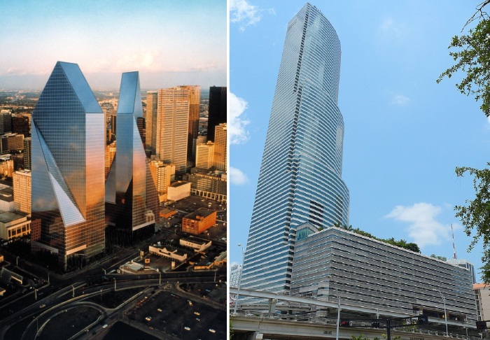  60-этажный небоскреб Fountain Place в стиле позднего модернизма в центре Далласа и штаб-квартира Bank of America в Майями (проекты I. M. Pei).