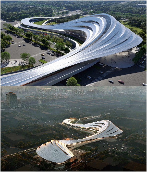 Формы нового архитектурного объекта напоминают извилистые берега реки Цзинхэ (концепт Jinghe New City).