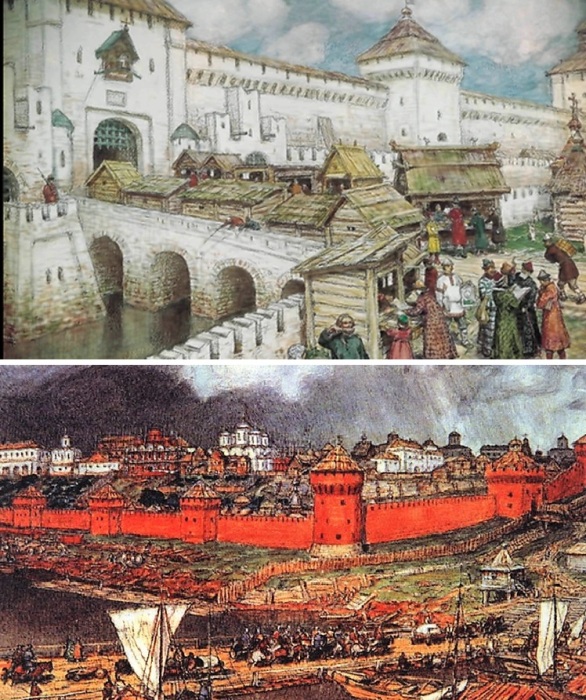 В Москве в первую очередь из камня построили крепостные стены и Кремль.