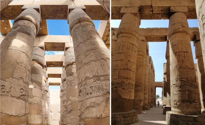 136 колонн составляют основу базилики, которая в былые времена имела крышу (Karnak Temple, Египет).