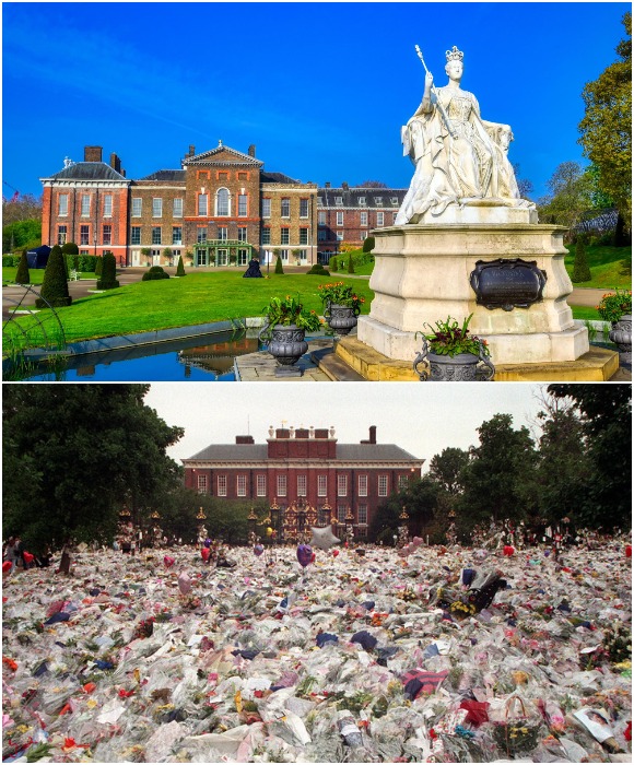 В день гибели принцессы Дианы ворота и всю площадь перед Кенсингтонским дворцом засыпали цветами (Лондон).