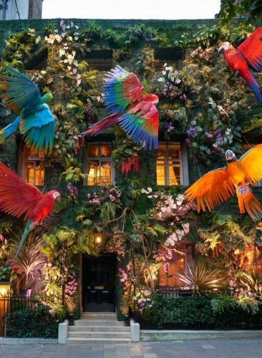 Фасад известнейшего элитного клуба Лондона превратили в тропический рай с гигантскими папоротниками и яркими попугаями (Annabel’s, Великобритания). | Фото: protecttheresults.com.