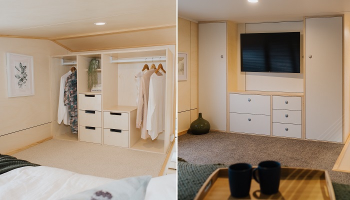 Системы хранения в главной спальне могут иметь разную конфигурацию и комплектацию (Rourou Iti, Новая Зеландия).