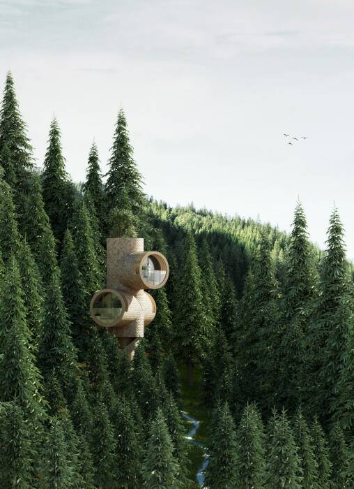 Концептуальный модульный домик на дереве, который выглядит как персонаж мультфильма (концепт Bert Tree House). | Фото: worldarchitecture.org.