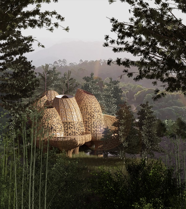 В Китае планируют построить эко-курорт с причудливыми бамбуковыми домиками на деревьях (концепт Chinese Baskets). | Фото: mymodernmet.com.