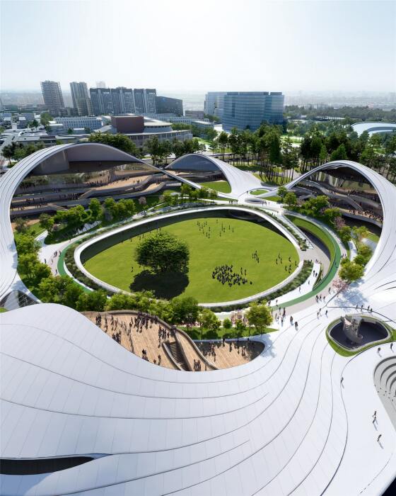 Архстудия MAD разработала волнообразное кольцо, которое станет общегородской гостиной, похожей на сад (концепт Jiaxing Civic Center). | Фото: mymodernmet.com.