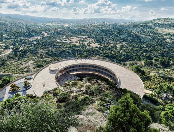 Эко-курорт Resort Air планируют интегрировать в скалистый холм горной гряды Троодос на острове Кипр (визуализация). | Фото: designboom.com.
