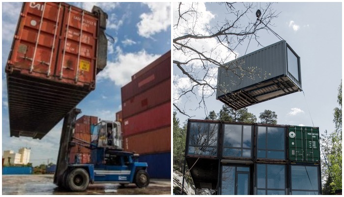 Списанные грузовые контейнеры были полностью переоборудованы в мастерской, прежде чем их доставили на участок (Container House, Швеция).