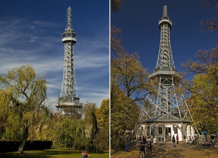 Точная копия парижской Эйфелевой башни в пропорции 1/38 установлена на вершине холме Петршин в Праге (Чехия).