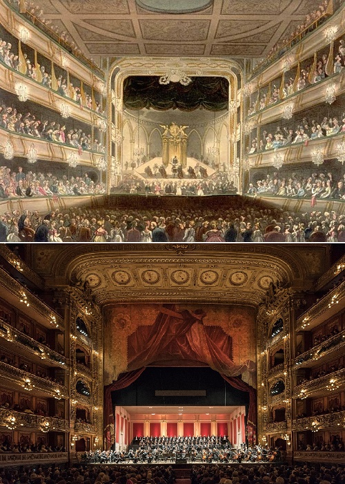 Первый и второй зал Royal Opera House, построенные в Лондоне в XVIII и XIX веках (Лондон, Великобритания).