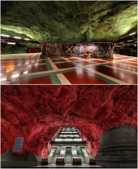 Дизайн станций метро, вдохновленный природным началом подземной каменистой структуры (станции метро Кунстрагорден и Родхусет в Стокгольме, Швеция).