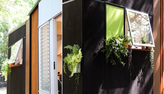 Фасад облицован фактурной фанерой и профлистом.