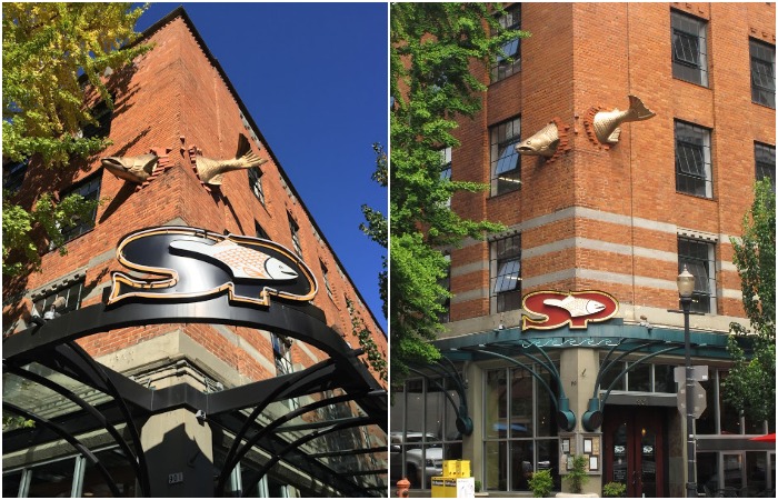Бронзовая скульптура лосося, «проплывающего» сквозь угол ресторана Southpark Seafood стала прекрасной ему рекламой (Портленд, США).