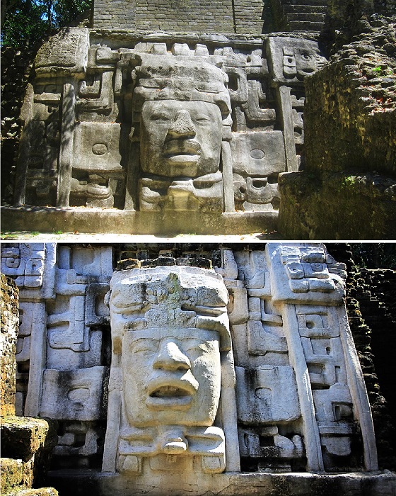 С двух сторон от центральной лестницы можно увидеть барельефы с гигантскими масками божеств (Lamanai, Белиз).