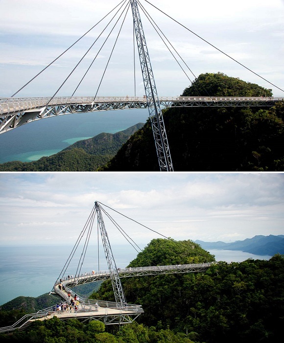 Мост и смотровая площадка зависли над глубоким ущельем на высоте 660 метров (Langkawi Sky Bridge , Малайзия). 