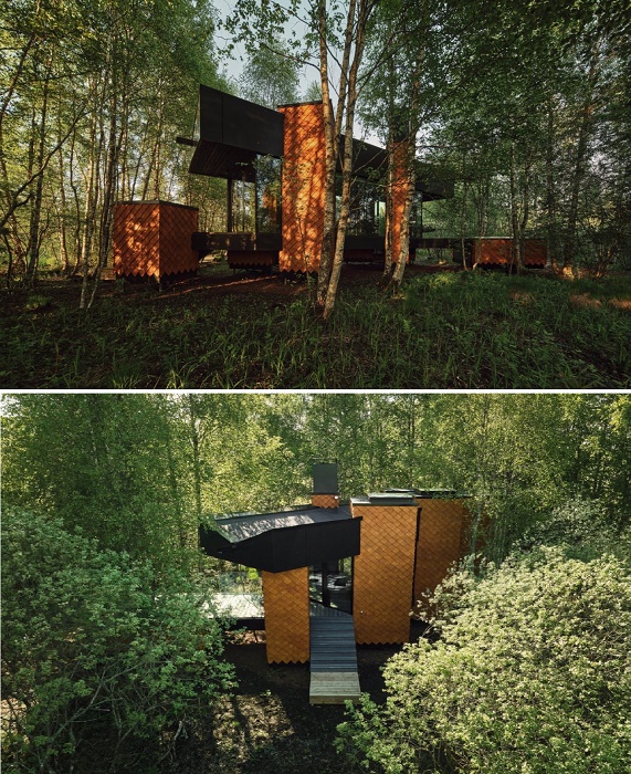 Лесной домик «Сосновая шишка» от таллинской студии b210 расположен на краю болота (Maidla Nature Resort, Эстония).