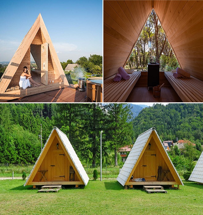 Треугольные лесные избушки могут быть и жилыми номерами, и саунами или ванными комнатами (Lushna glamping).